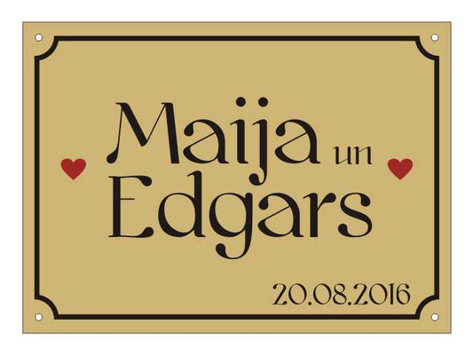 Zīme - Maija un Edgars ar sirsniņām un datumu, 160 x 220 mm