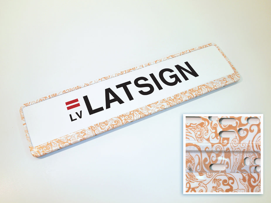 Krāsainais auto numura turētājs - Copper (metālisks, vara krāsas ornaments uz baltā fona)