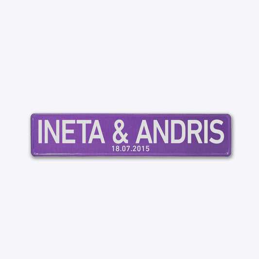 Mirdzoša vārda zīme ar uzlīmi kāzām - INETA & ANDRIS ar datumu 114x 520mm